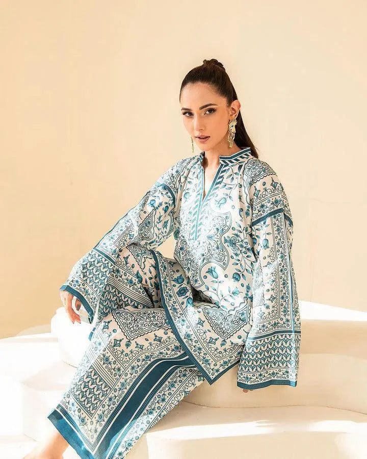2 Pcs Women's Stitched Swiss Lawn Printed Shirt And Trouser