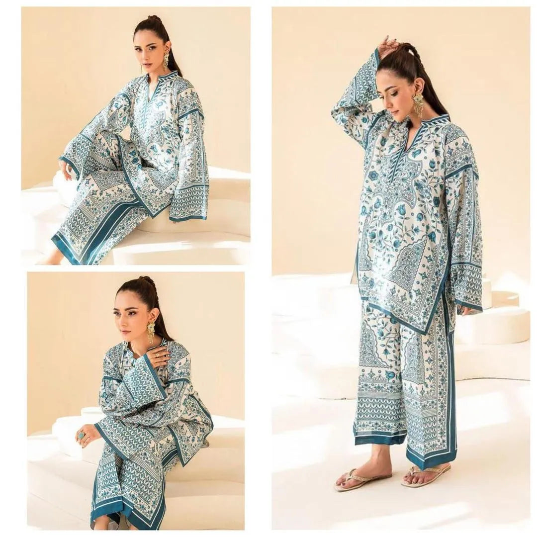 2 Pcs Women's Stitched Swiss Lawn Printed Shirt And Trouser