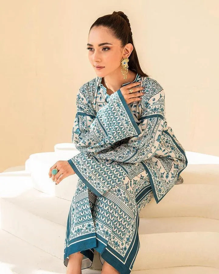 2 Pcs Women's Stitched Swiss Lawn Printed Shirt And Trouser