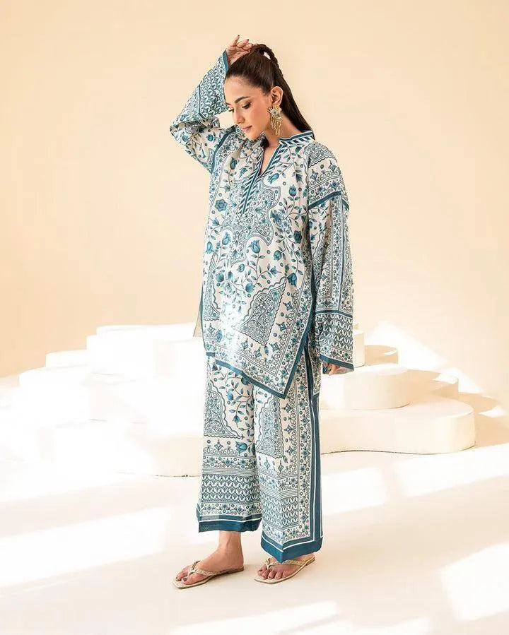 2 Pcs Women's Stitched Swiss Lawn Printed Shirt And Trouser