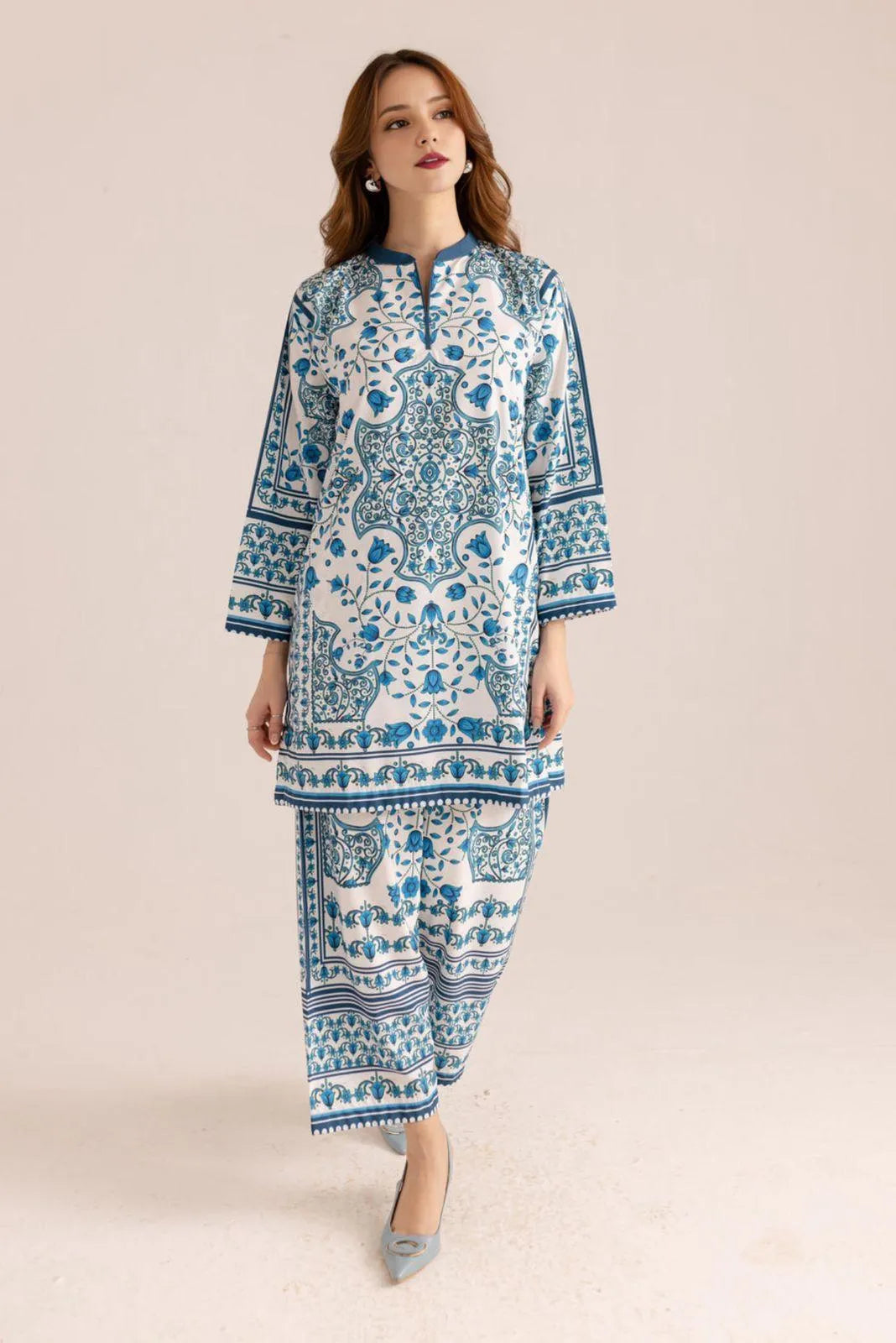 2 Pcs Women's Stitched Swiss Lawn Printed Shirt And Trouser