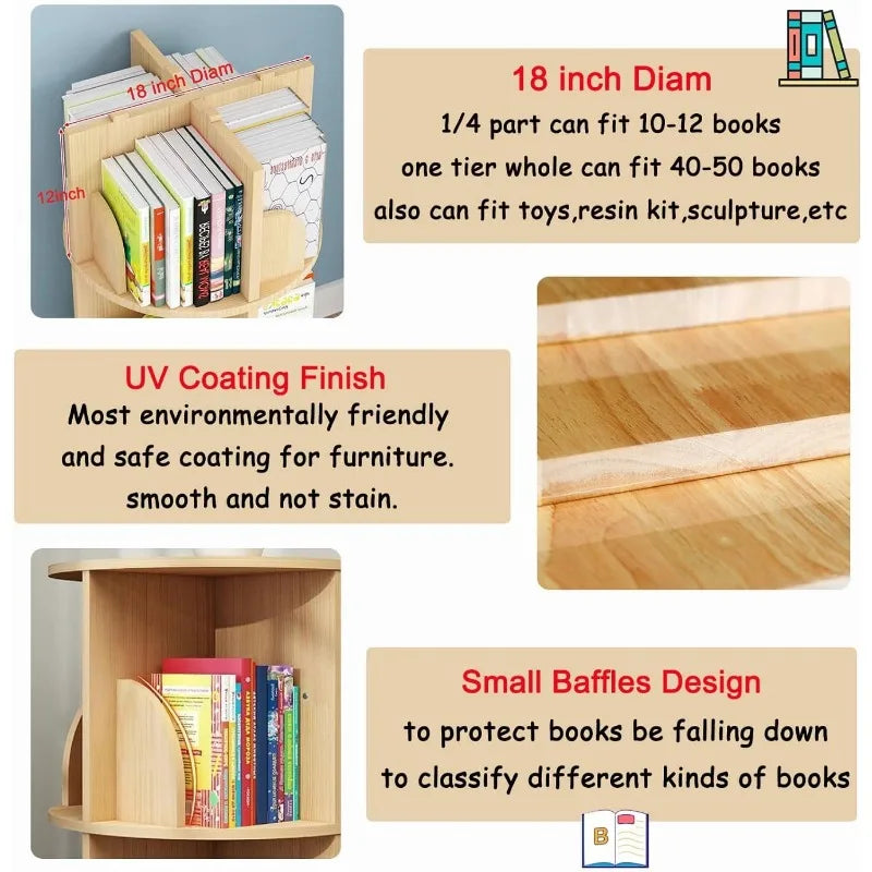Rotating Bookshelf with Legs, Tall Tower Revolving Standing Book Shelf Wood Bookcase Round Bookshelf for Bedroom Living Room