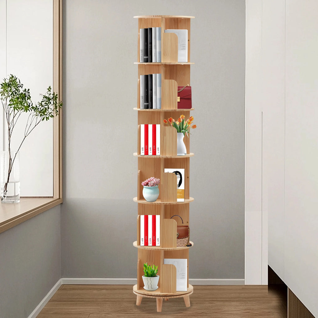 Rotating Bookshelf with Legs, Tall Tower Revolving Standing Book Shelf Wood Bookcase Round Bookshelf for Bedroom Living Room