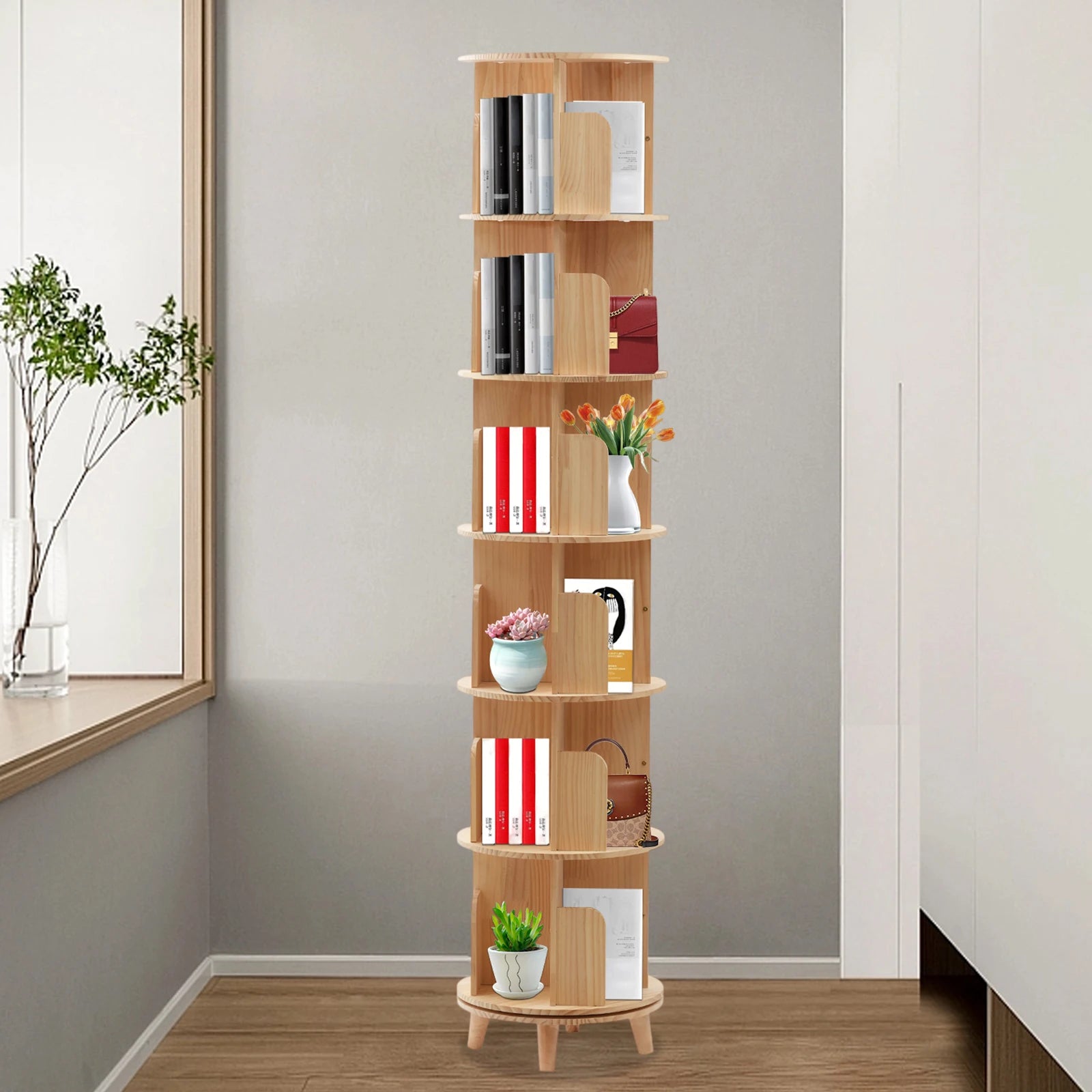 Rotating Bookshelf with Legs, Tall Tower Revolving Standing Book Shelf Wood Bookcase Round Bookshelf for Bedroom Living Room