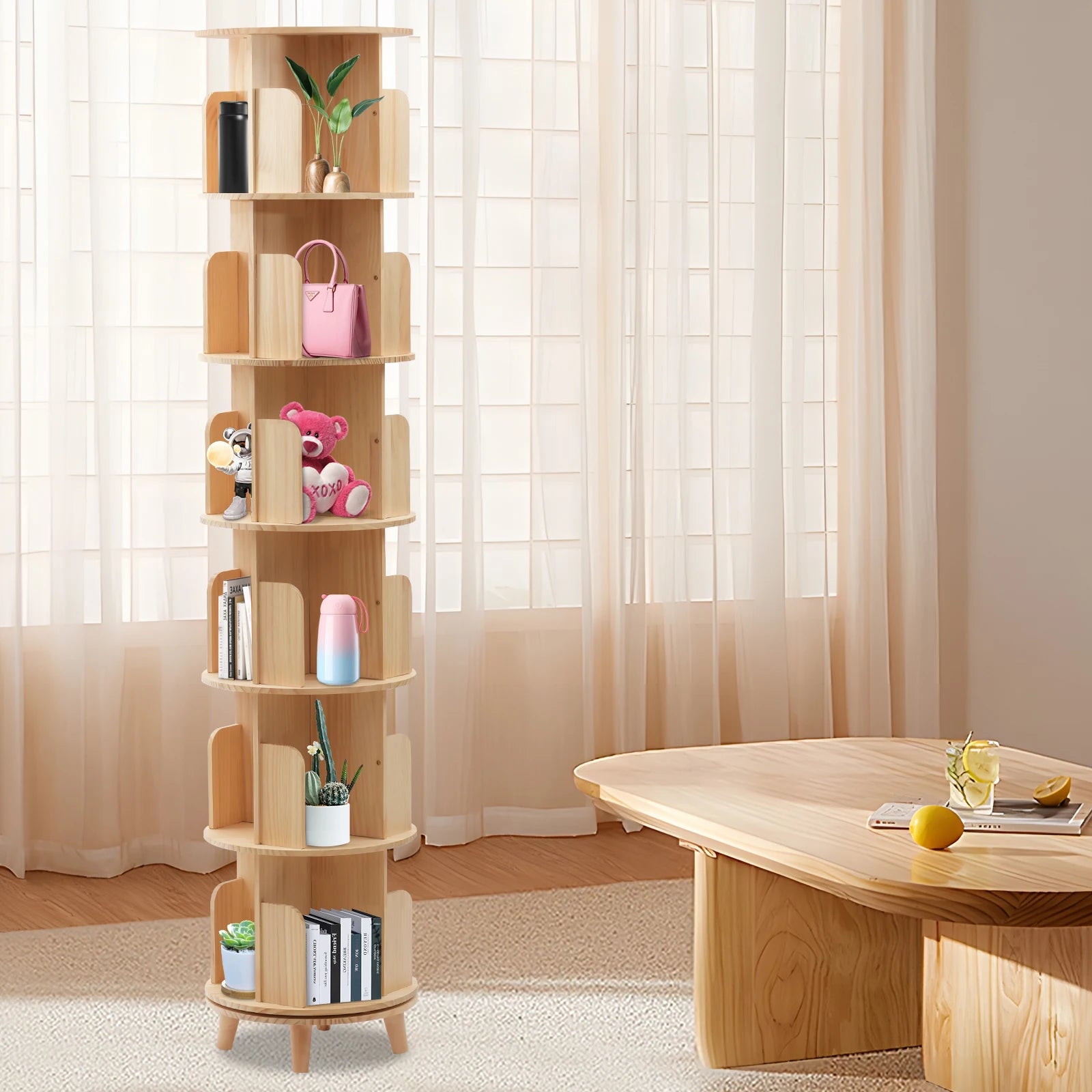 Rotating Bookshelf with Legs, Tall Tower Revolving Standing Book Shelf Wood Bookcase Round Bookshelf for Bedroom Living Room