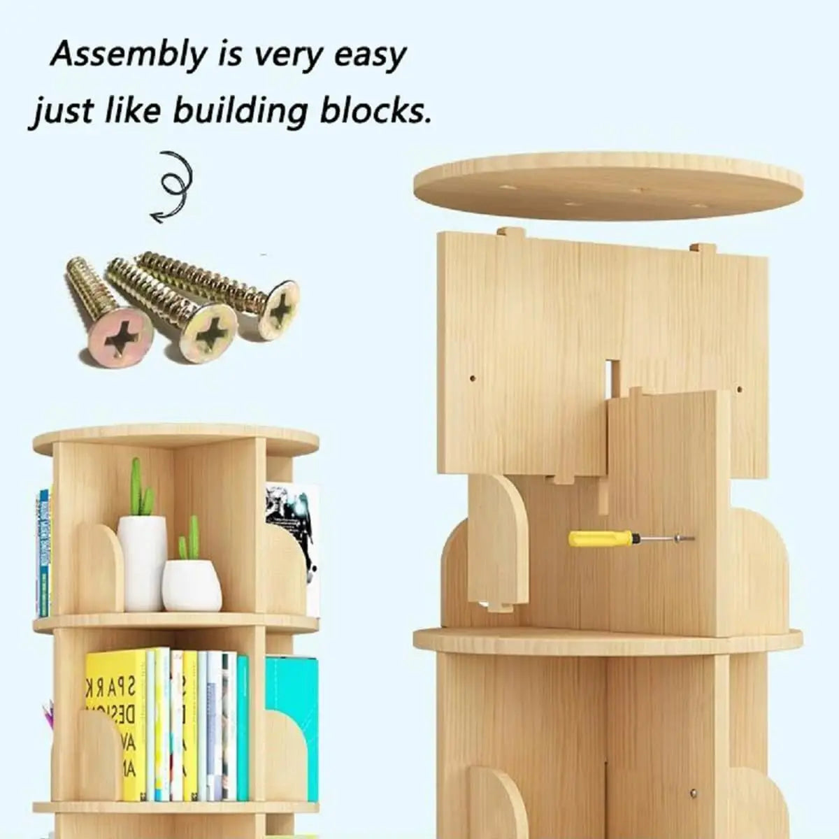 Rotating Bookshelf with Legs, Tall Tower Revolving Standing Book Shelf Wood Bookcase Round Bookshelf for Bedroom Living Room